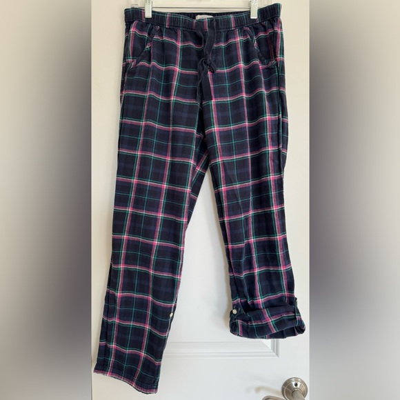 aerie Plaid Off-Duty Flannel Trouser PJs Pajama Pants EUC Navy Blue Pink… - Picture 3 of 6